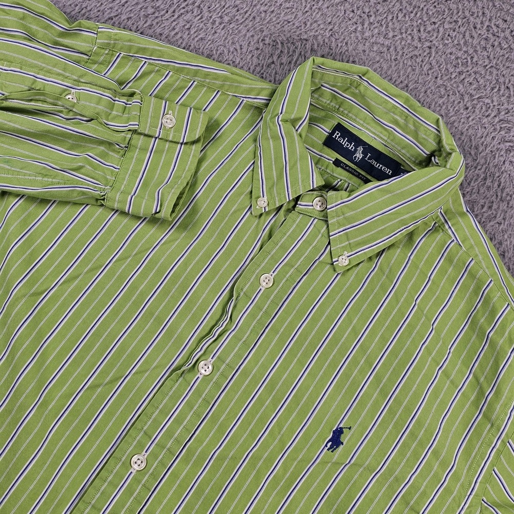 Ralph‎ Lauren Shirt Mens Large Green Stripe Long Sleeve Button Down Pony Logo